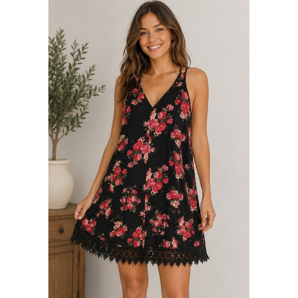 rue21 Black Floral Swing Dress Crochet Hem Tie Back Boho Womens Small Fairy